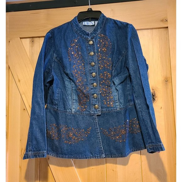 BEA Classics Tops - New! Vintage BEA Size 12P Jean Denim Shirt Blazer Gold Button Embroidered Sequin